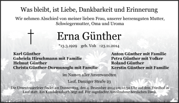 Traueranzeige von Erna Günther von Pegnitz-Zeitung